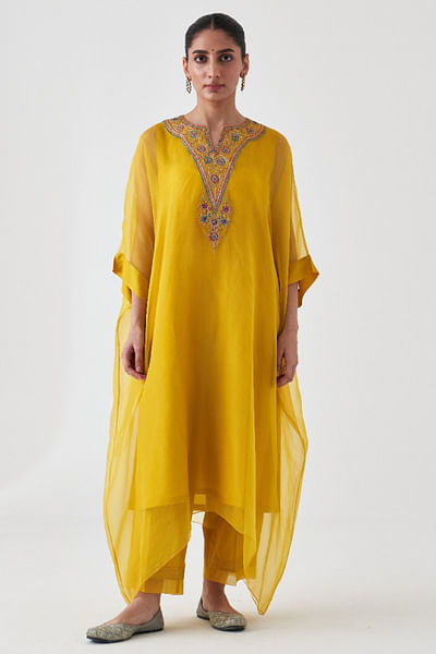 Yellow zari embroidered kaftan set