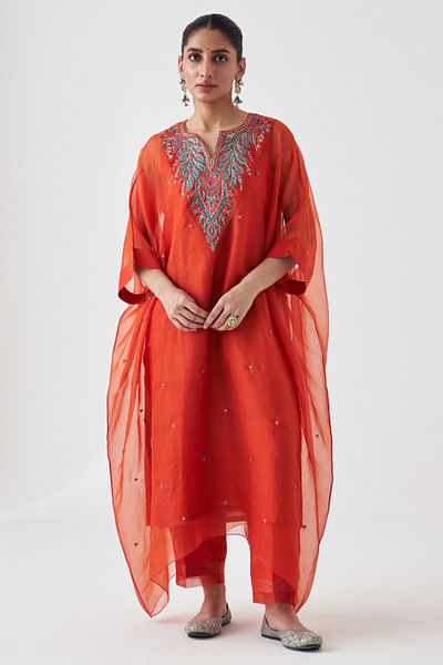 Rust resham embroidered kaftan set