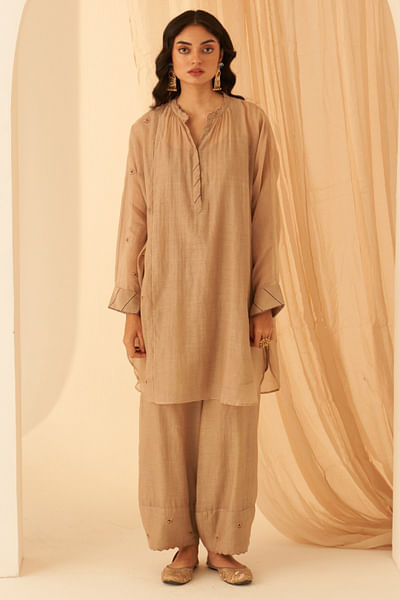 Champagne floral embroidered tunic set