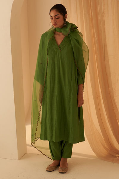 Green floral bullion embroidered kurta set