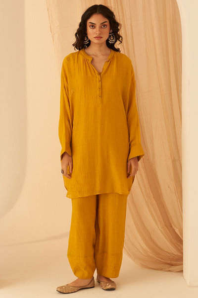 Mustard resham embroidered tunic set