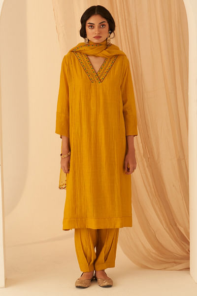 Mustard floral bullion embroidered kurta set