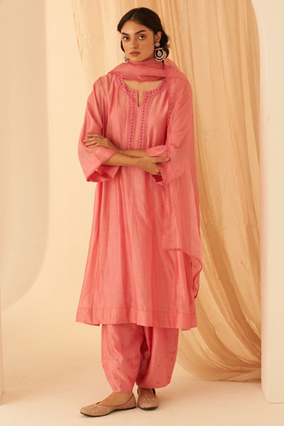Pink floral bullion embroidered kurta set