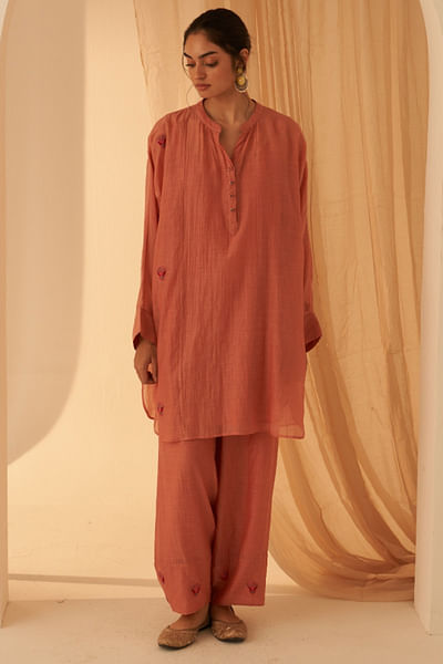 Peach resham embroidered tunic set