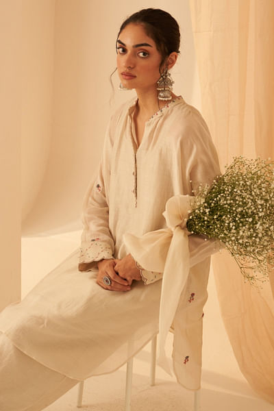 Ivory floral bullion embroidered tunic set