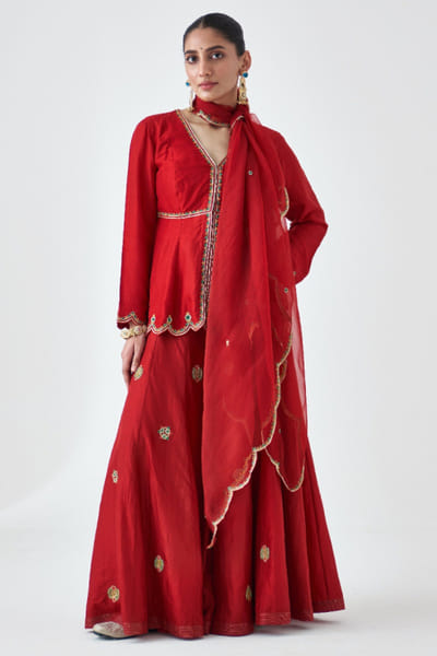 Maroon zari embroidered peplum sharara set