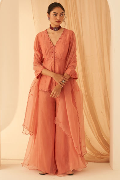 Peach embroidered peplum sharara set