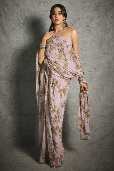 Anamika Khanna Pink floral printed crushed silk concept sari ANAMJUL26D148819