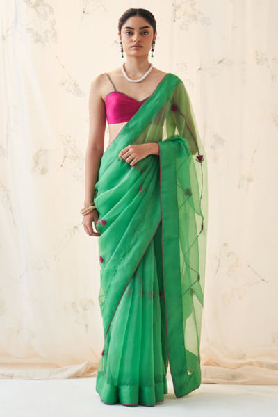 Emerald green floral embroidered sari set