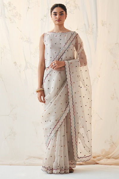 Ivory resham embroidered sari set