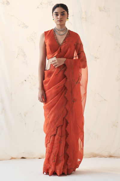 Orange thread embroidered sari set
