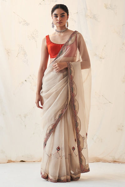 Champagne thread embroidered sari set