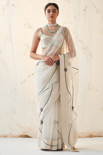 Ivory thread embroidered sari set