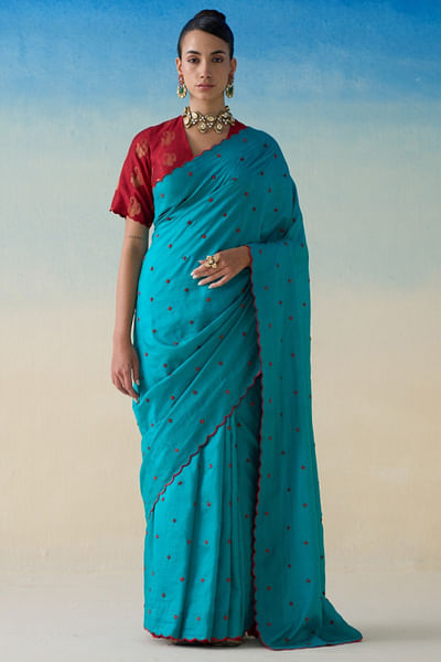 Turquoise zari embroidered sari