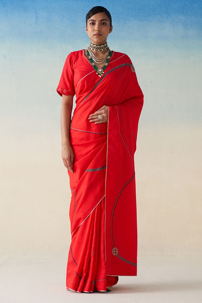 Red zari embroidered sari