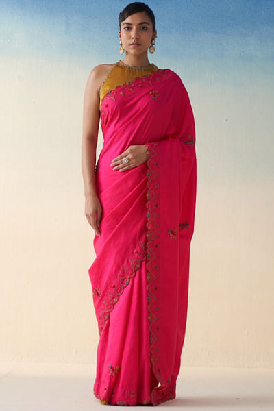 Magenta resham embroidered sari