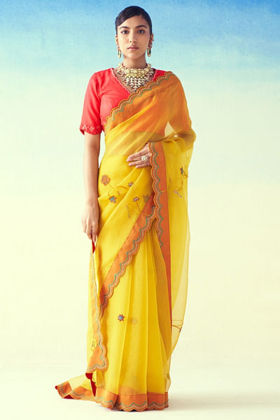 Yellow zari embroidered sari