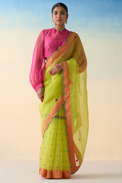 Lime green zari embroidered sari