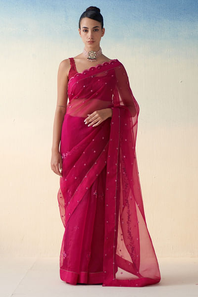 Wine zari embroidered sari