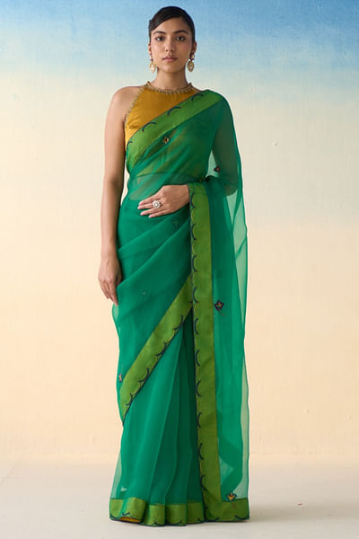 Green embroidered sari