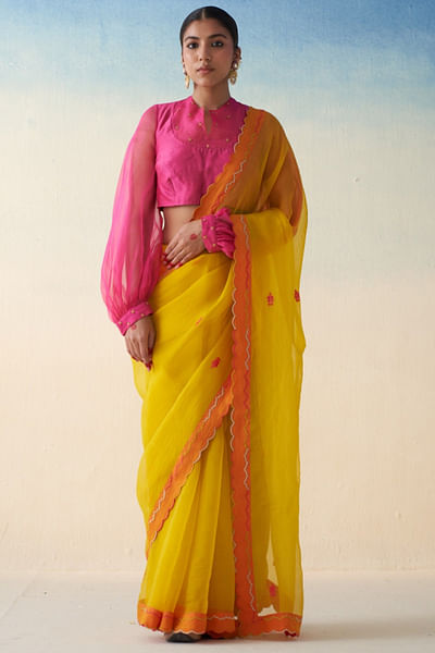 Yellow embroidered organza sari