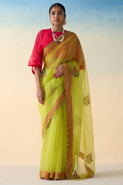 Lime yellow resham embroidered sari