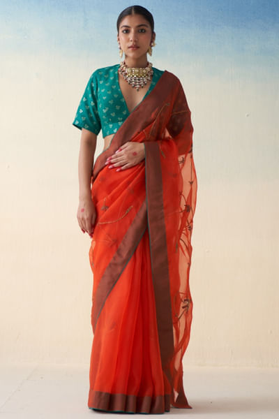 Rust resham embroidered sari