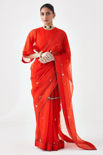 Orange zari embroidered sari