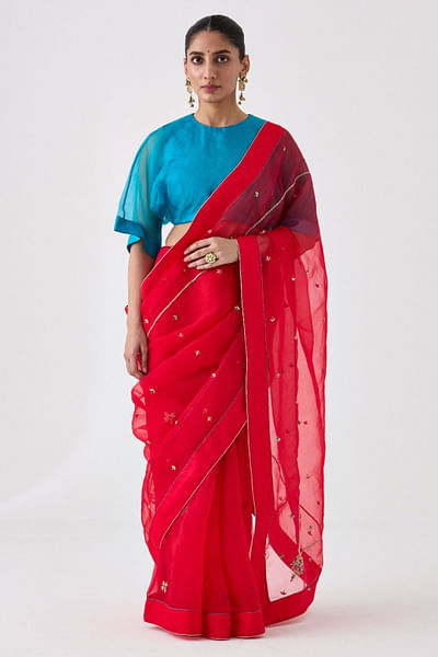 Red zari embroidered sari
