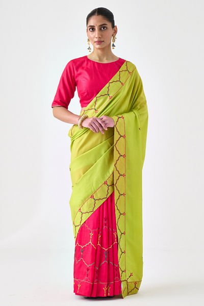 Lime green and fuchsia zari embroidered sari