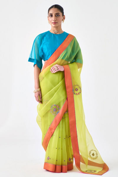 Lime green zari embroidered sari