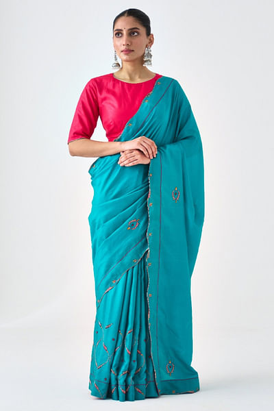 Turquoise zari embroidered sari