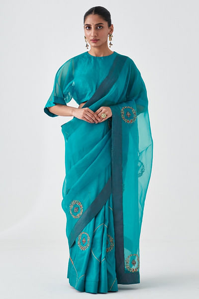 Turquoise resham embroidered sari