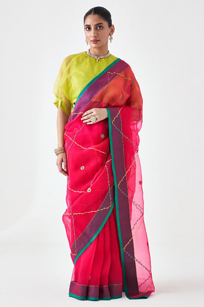 Fuchsia zari embroidered sari