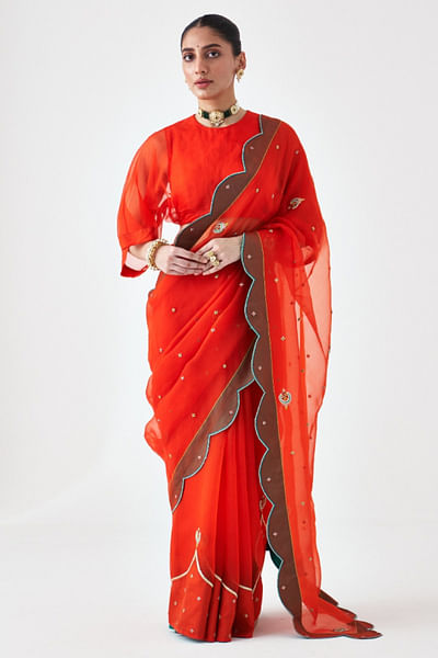 Orange resham embroidered sari