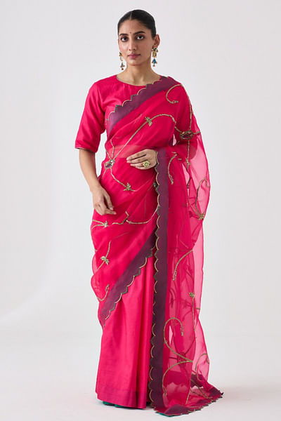 Fuchsia resham embroidered sari