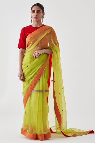 Lime green resham embroidered sari