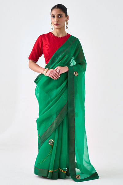 Green resham embroidered sari