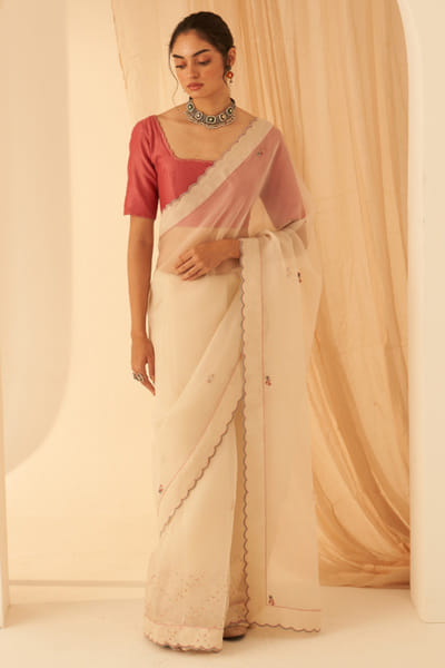 Ivory floral embroidered scalloped sari