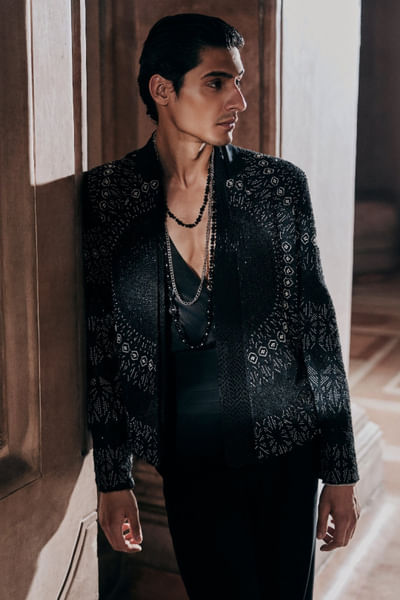 Black embroidered open jacket