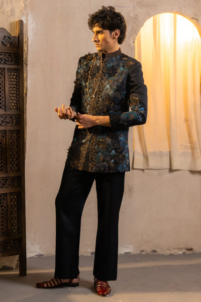 Jatin Malik Midnight blue handpaint bandhgala set JATIAPR26D142703