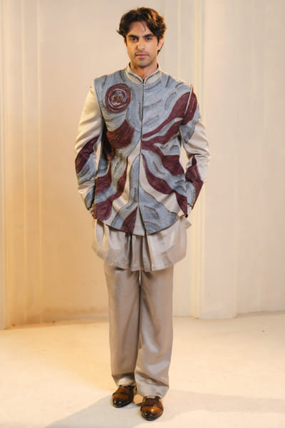 Jatin Malik Silver and wine handpainted bandhgala set JATIAPR26D142711