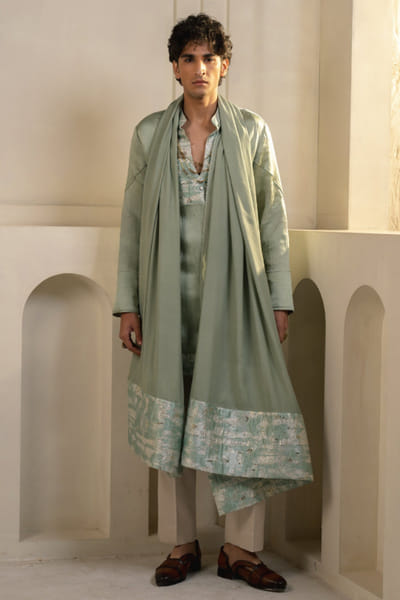 Jatin Malik Mint green linen silk kurta set JATIAPR26D142695