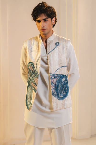 Ivory hand embroidered nehru jacket set