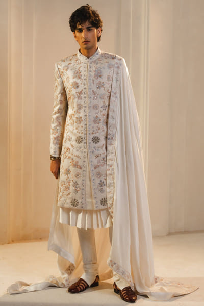 Ivory silk hand painted sherwani set