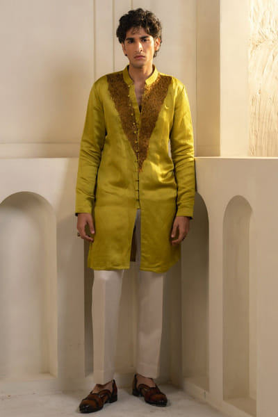 Jatin Malik Gold moss linen silk kurta set JATIAPR26D142694