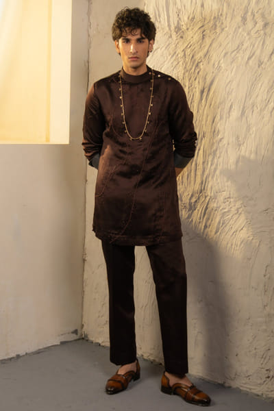 Jatin Malik Dark brown linen silk embroidered kurta set JATIAPR26D142697