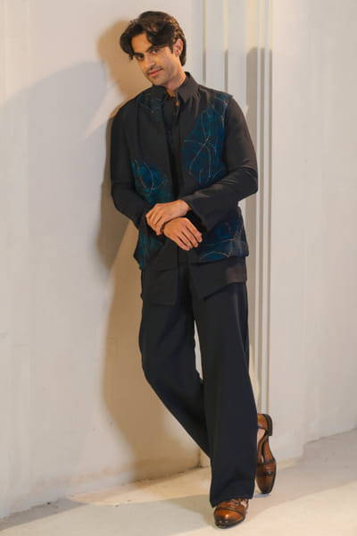 Midnight blue handpaint nehru jacket set