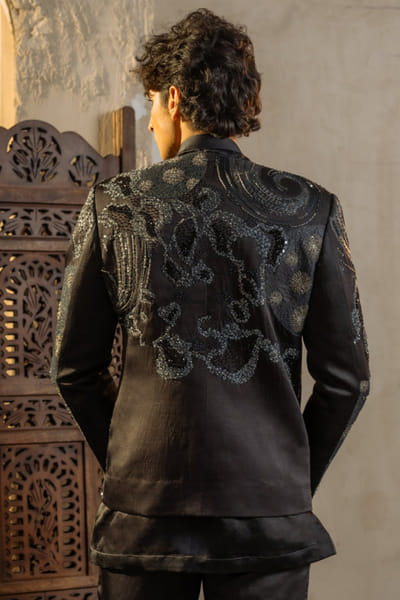 Jatin Malik Charcoal grey metallic work jacket set JATIAPR26D142701