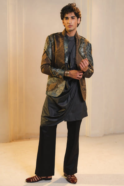 Jatin Malik Bronze tissue short jacket set JATIAPR26D142714